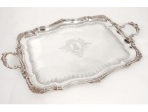 Large tray with handles Louis XV rococo silver metal shells shield twentieth