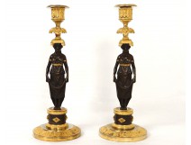 Paire bougeoirs bronze femme antique caryatides Empire candlesticks XIXème