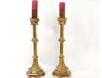 Paire bougeoirs flambeau bronze doré gothique candlestick Napoléon III XIXè