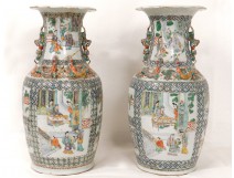 Pair of Chinese porcelain vases great characters Canton dragons 19th China