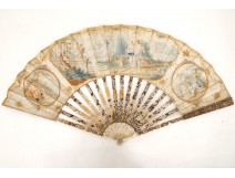 Rare ancient characters cherub range gouache flowers french fan XVIIIè