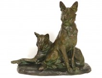 Bronze Sculpture two sheepdogs L.Richer animal sculptor XXth