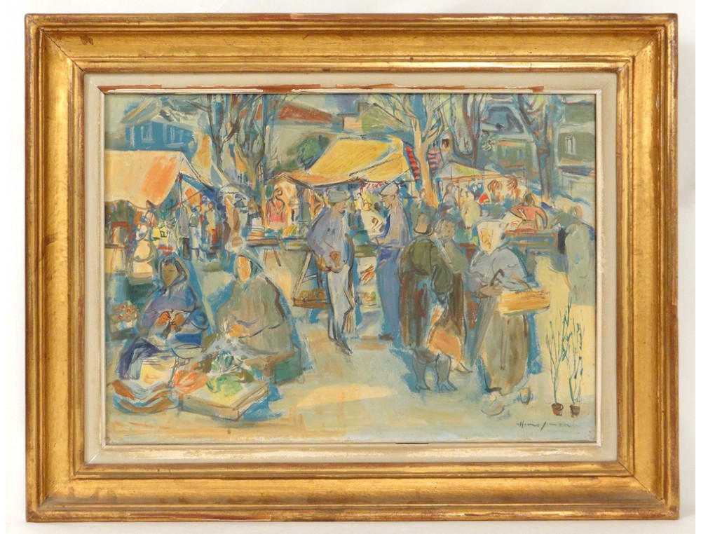 HST tableau scène de marché personnages Henri Simon painting XXème siècle