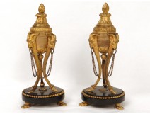 Pair of gilt bronze candlesticks cassolettes rams marble Napoleon III nineteenth