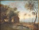 HST landscape painting French School boat framework characters stuccoed XIX