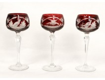 3 verres du Rhin cristal taillé couleur oiseaux faisans Bohême crystal XXè