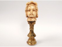 Seal stamp carved gilded metal head girl child french seal XIX