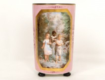 Vase rouleau porcelaine enfants fillettes paysage fleurs Napoléon III XIXè