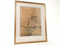 Watercolor seas marine boat boat watercolor gouache Léon Haffner twentieth