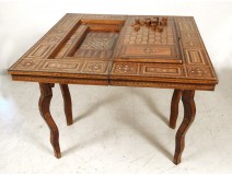 Syrian game table inlaid mother of pearl intarsia wood chips twentieth century