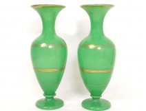 Baluster vases pair opaline green gilding Baccarat Napoleon III nineteenth