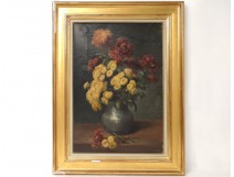 HST tableau bouquet fleurs chrysanthèmes nature morte Muller XIXème siècle