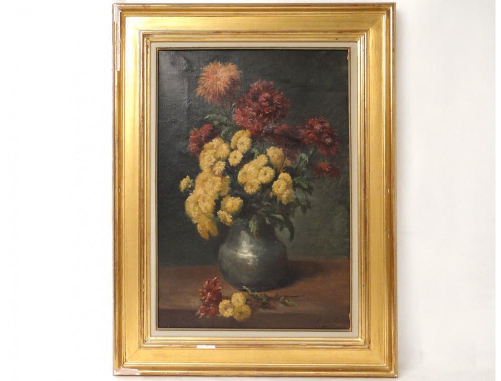 Hst Tableau Bouquet Fleurs Chrysanthèmes Nature Morte Muller