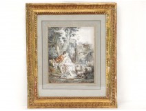 Watercolour scene torque gallant shepherdess sheep waterfall eighteenth century