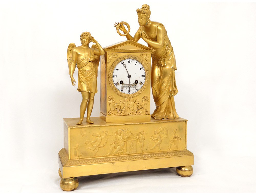 Clock gilt bronze cherub cupid woman antique clock First Empire XIX