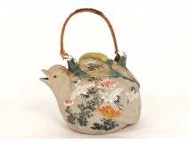 Glazed earthenware teapot Japanese quail hen storks twentieth flowers birds