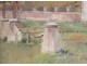 Watercolor painting landscape Cabarrus castle entrance France property twentieth