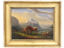 HST mountain landscape herd cows Ecole Suisse Italian painting XIX