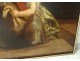 Rare large table HST small French School girls dog painting XIX