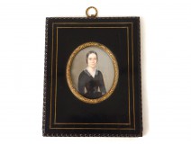 Miniature painted velvet dress young woman portrait Mulnier Father nineteenth century