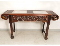 Console table of exotic wood carved marble altar Chinese XIX flowers