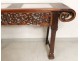 Console table of exotic wood carved marble altar Chinese XIX flowers