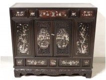 Small cabinet furniture wood pearl Indochina Vietnam characters pagodas nineteenth