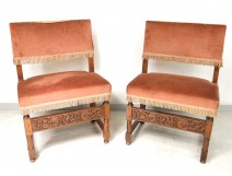 Pair of Louis XIII chairs carved walnut antique french foliage flesh XVIIè