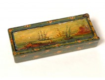 Small boats marine painted wooden dominoes box romantic nineteenth harbor landscape