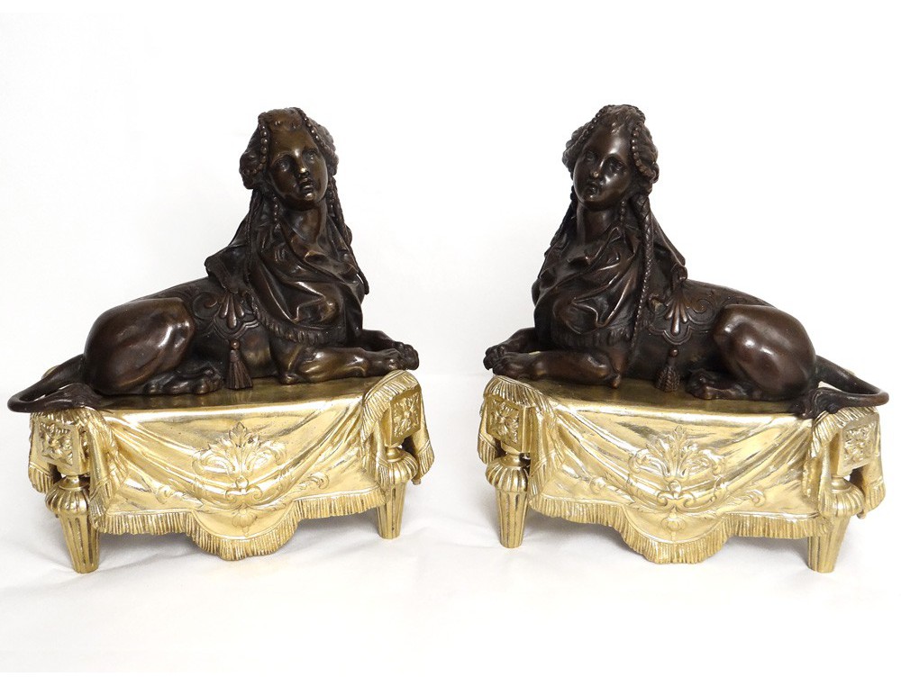 Pair of andirons bronze sphinxes lily flowers First Empire XIX century ...