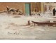 HST table snowy landscape river town character boat painting XIX