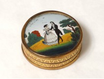 Golden round box attached underneath gallant scene glass couples dance nineteenth century