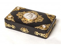 Wooden box blackened brass gilded cameos ancient mythological characters nineteenth