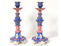 Pair candlesticks torches Paris porcelain polychrome flowers nineteenth gilding