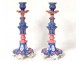 Pair candlesticks torches Paris porcelain polychrome flowers nineteenth gilding