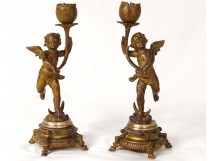 Gilt bronze candlesticks Pair Love Athlete Carlier cherubs putti XIX