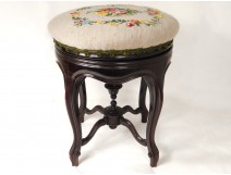 Wood carved piano stool blackened tapestry flowers Napoleon III nineteenth