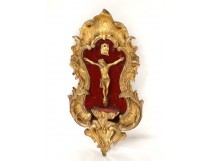 Christ Crucifix wooden frame stuccoed golden clam shell Napoleon III nineteenth