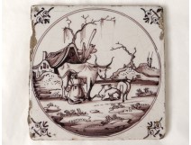 Delft earthenware tile manganese cow dairy farm female eighteenth century