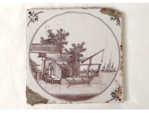 Delft earthenware tile manganese character fisherman boat boats XVIII