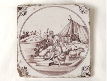 Delft earthenware tile manganese characters gallant scene shepherd XVIII