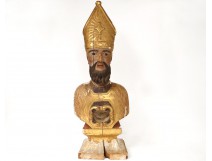 Carved wooden polychrome gilt reliquary bust reliquary Bishop Saint XVIIIè