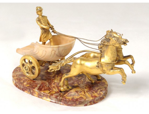 Small gilt bronze marble sculpture ancient chariot horses nineteenth hitch