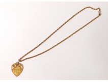 Collier pendentif chaîne coeur or massif 18K fleurs monogramme 11gr XXème