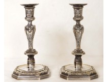 Pair candlesticks Regency bronze portraits characters bird Christofle nineteenth