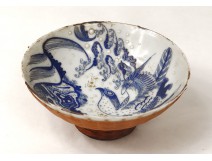 Cup blue-white Chinese porcelain bird signed Qing Dynasty XIX