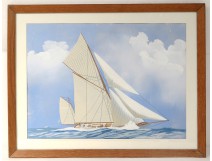 Gouache marine bateau voilier yatch régate mer Léon Haffner XXème siècle