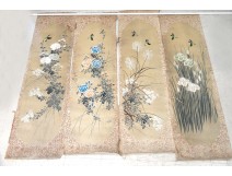 4 rolls Japanese paintings on silk flowers birds Japan signed nineteenth