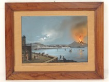 Gouache napolitaine éruption Vésuve Naples Italie bateaux clair lune XIXè