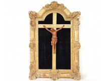 Christ crucifix carved wooden frame stuccoed palmette flowers XIXth century